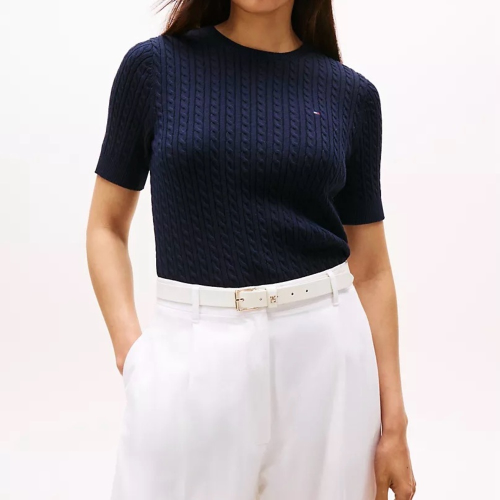 Tommy Hilfiger 100% Cotton Navy Cable Knit Top Short-Sleeve Sweater sz SMALL